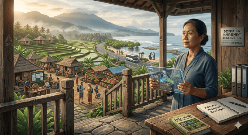 Ilustrasi filosofi pengelolaan destinasi pariwisata yang menunjukkan seorang pengelola DMO memantau efektivitas data pariwisata berdampingan dengan harmoni budaya lokal, kelestarian alam, dan kesejahteraan masyarakat sekitar